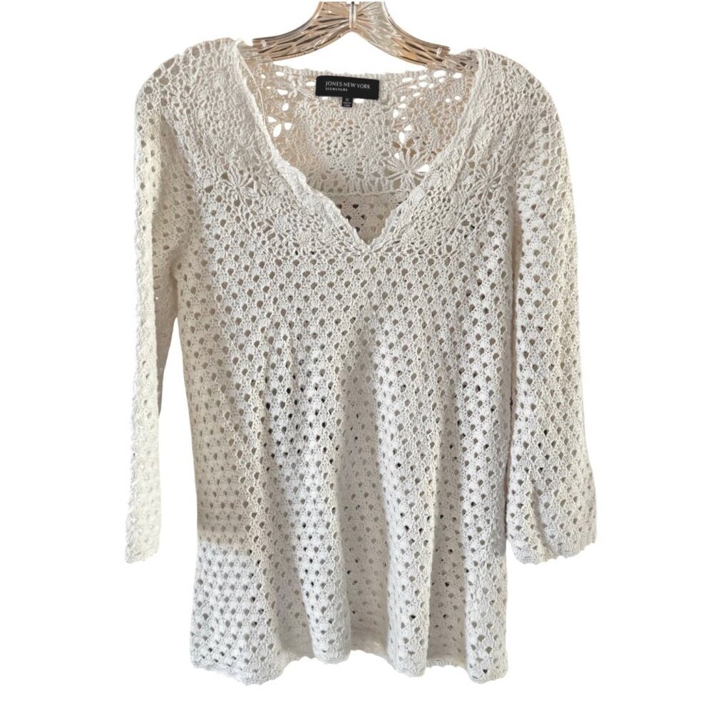 Jones New York Signature Crochet Knit White Linen Blend Pullover Tunic Top Med
